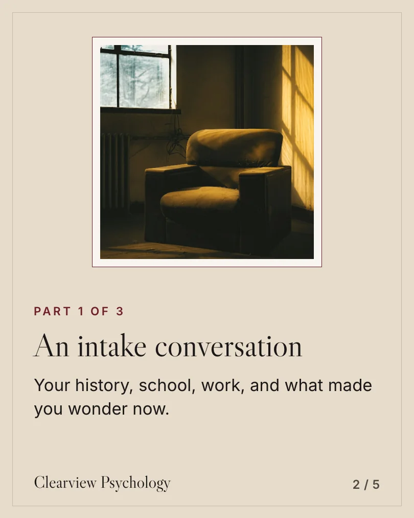 Exemple de carrousel, diapositive 2 sur 5, pour Clearview Psychology : An intake conversation