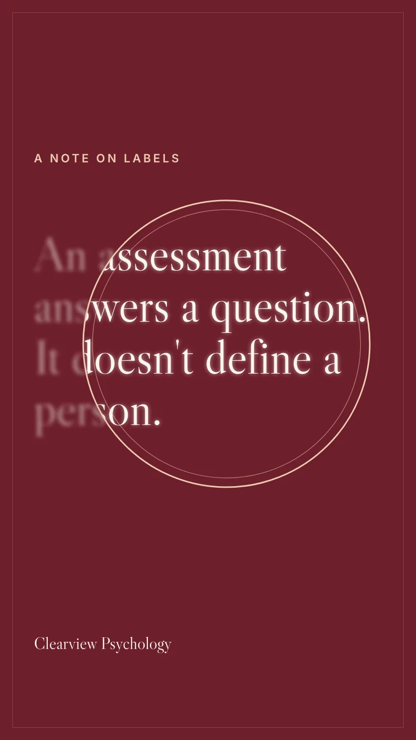 Exemple de story, image 1 sur 2, pour Clearview Psychology : An assessment answers a question. It doesn't define a person.