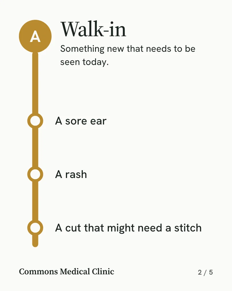 Commons Medical Clinic 的示例轮播图(第 2 张,共 5 张):Walk-in: A sore ear, A rash, A cut that might need a stitch
