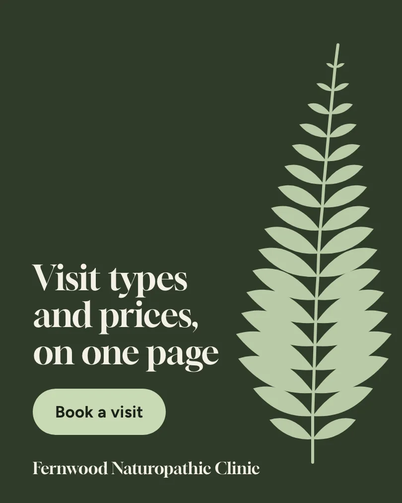 Exemple de carrousel, diapositive 5 sur 5, pour Fernwood Naturopathic Clinic : Visit types and prices, on one page