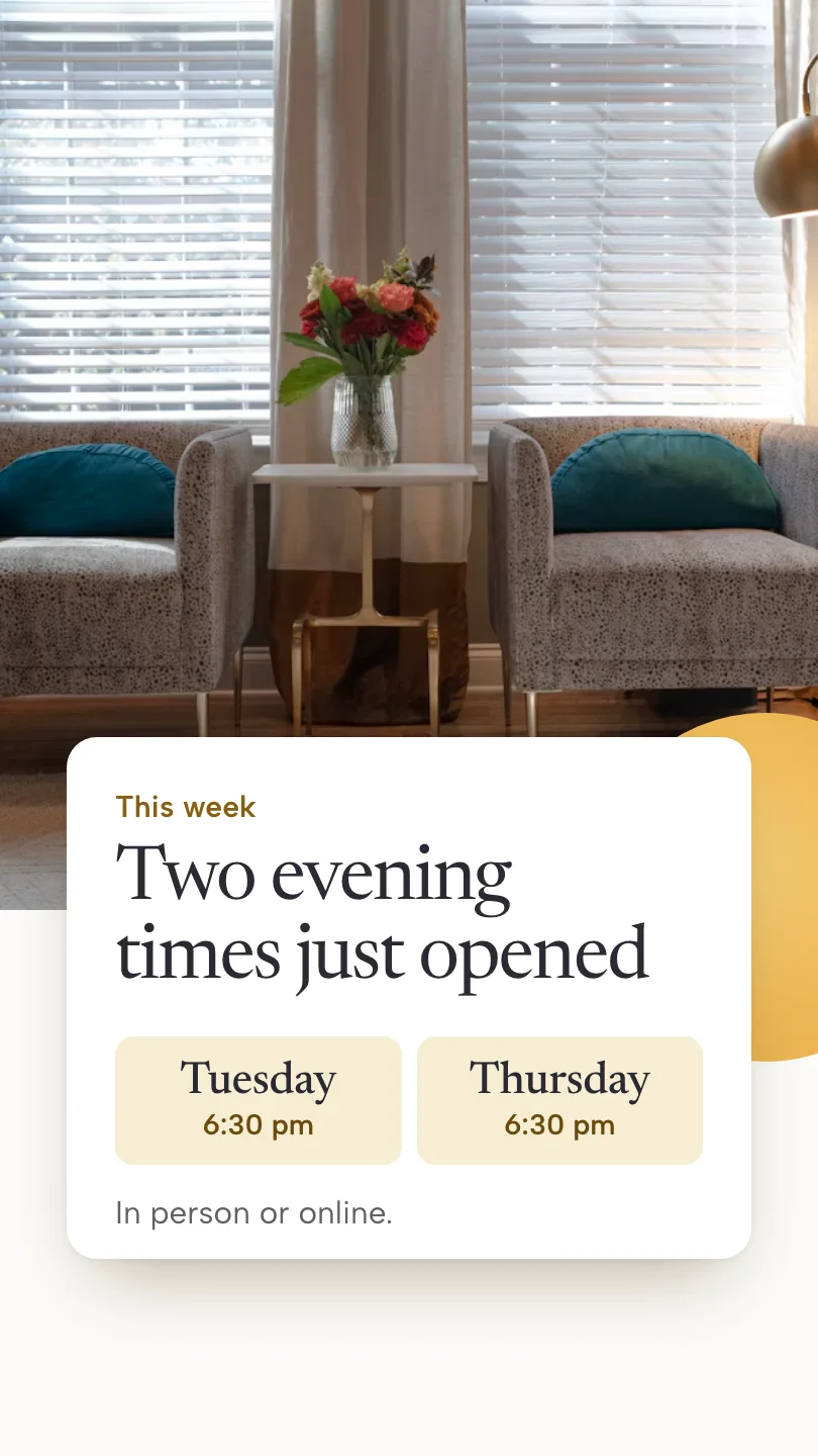 Fieldstone Counselling 的示例快拍(第 1 帧,共 2 帧):Two evening times just opened