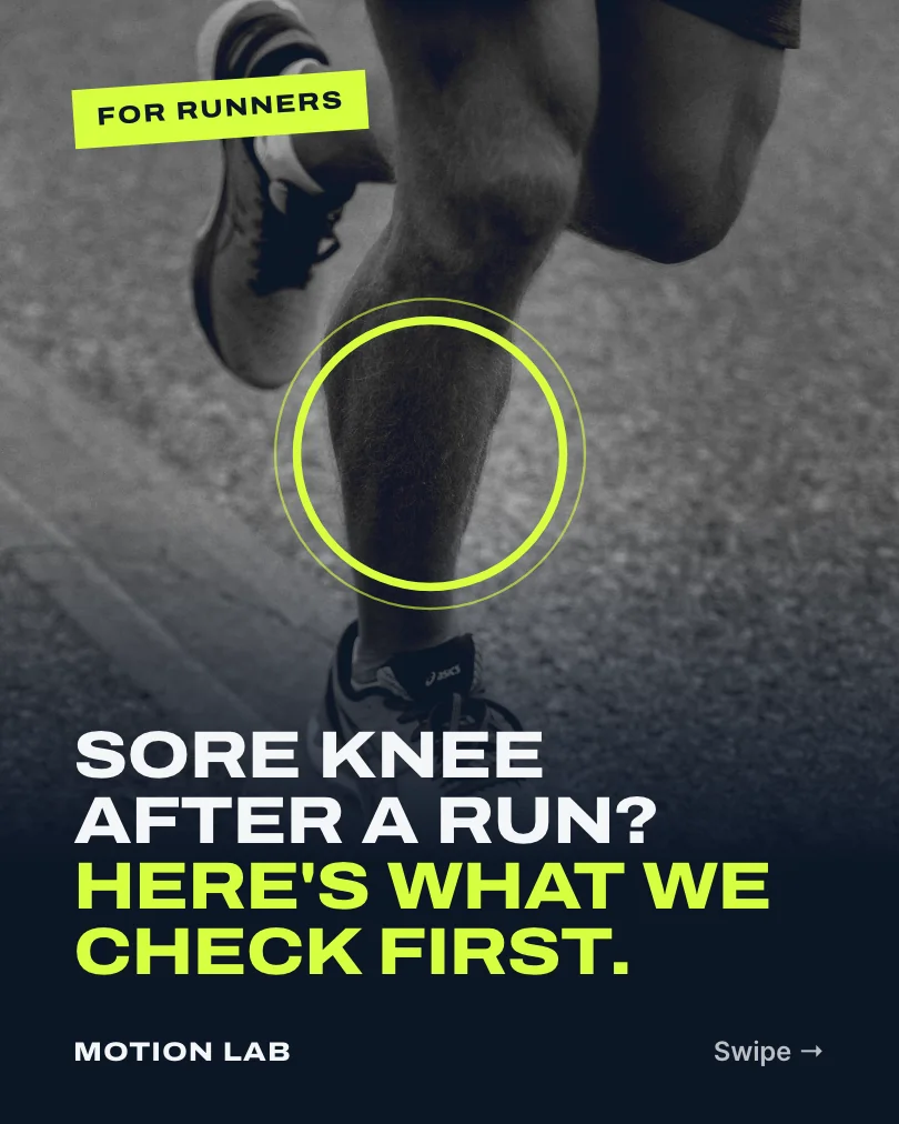 Exemple de carrousel, diapositive 1 sur 5, pour Motion Lab Physiotherapy : Sore knee after a run? Here's what we check first.
