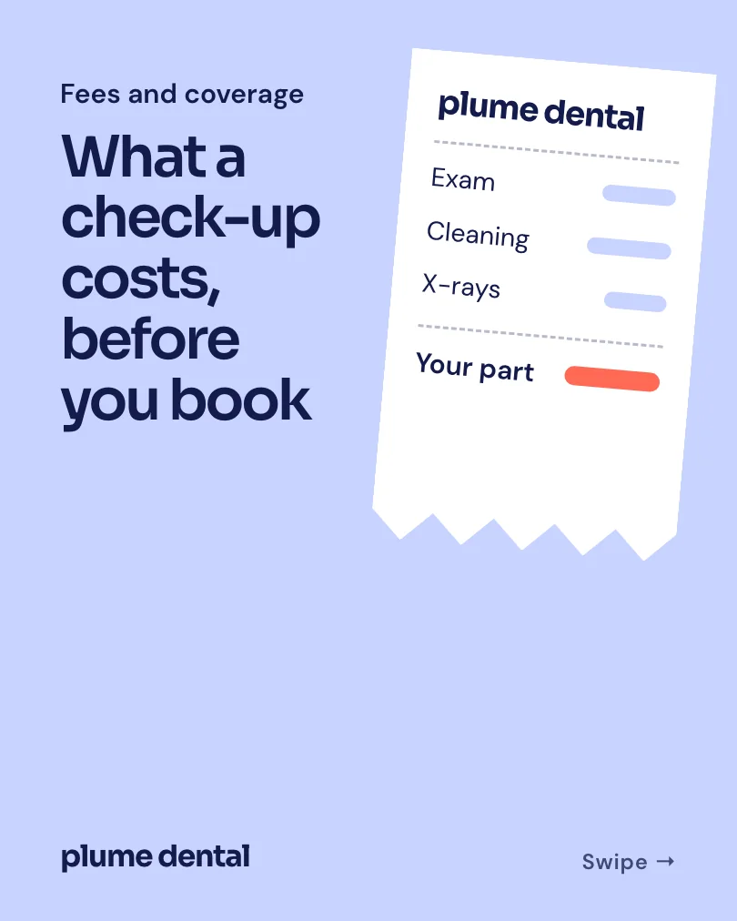 Plume Dental 的示例轮播图(第 1 张,共 4 张):What a check-up costs, before you book