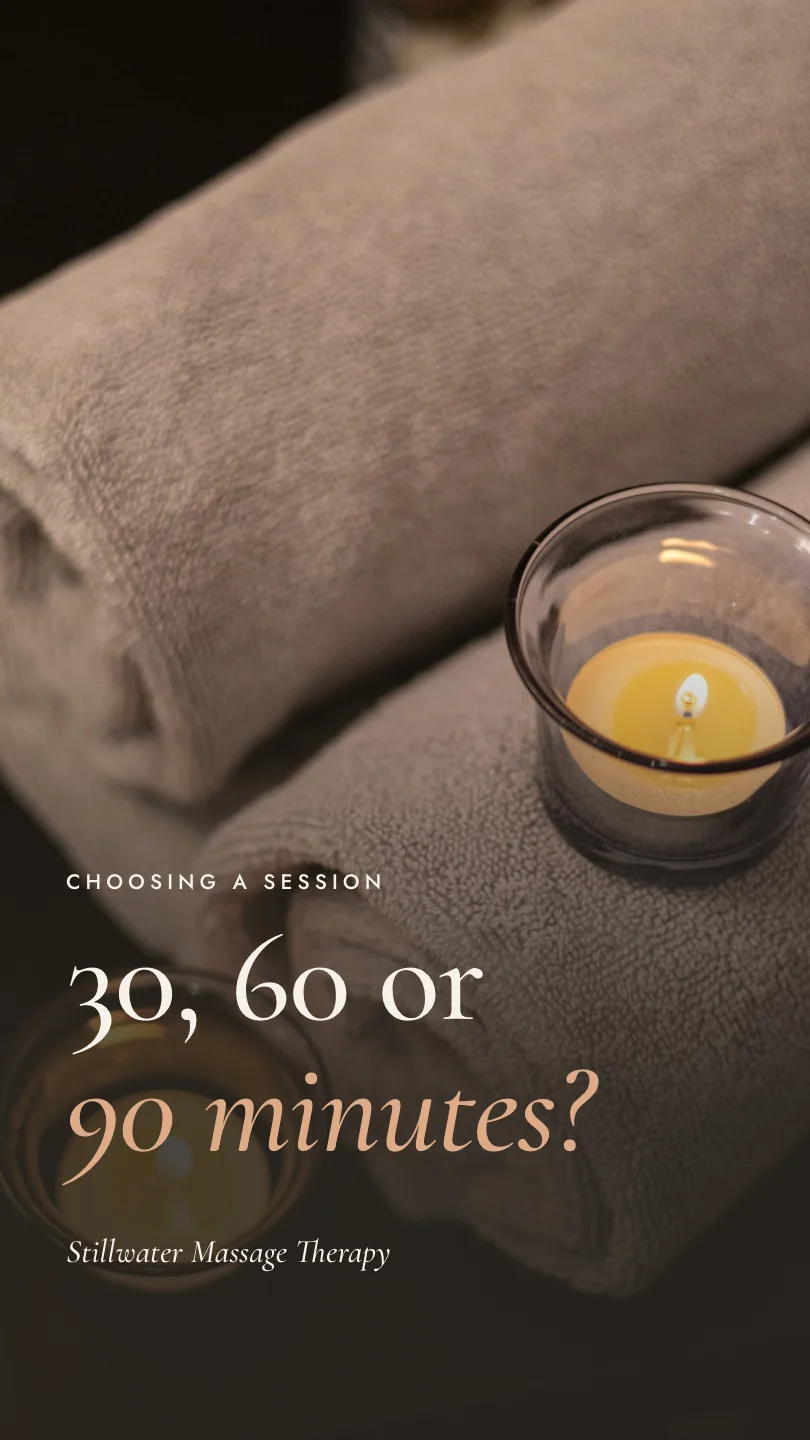 Stillwater Massage Therapy 的示例Reels 短视频(第 1 幕,共 4 幕):30, 60 or 90 minutes?