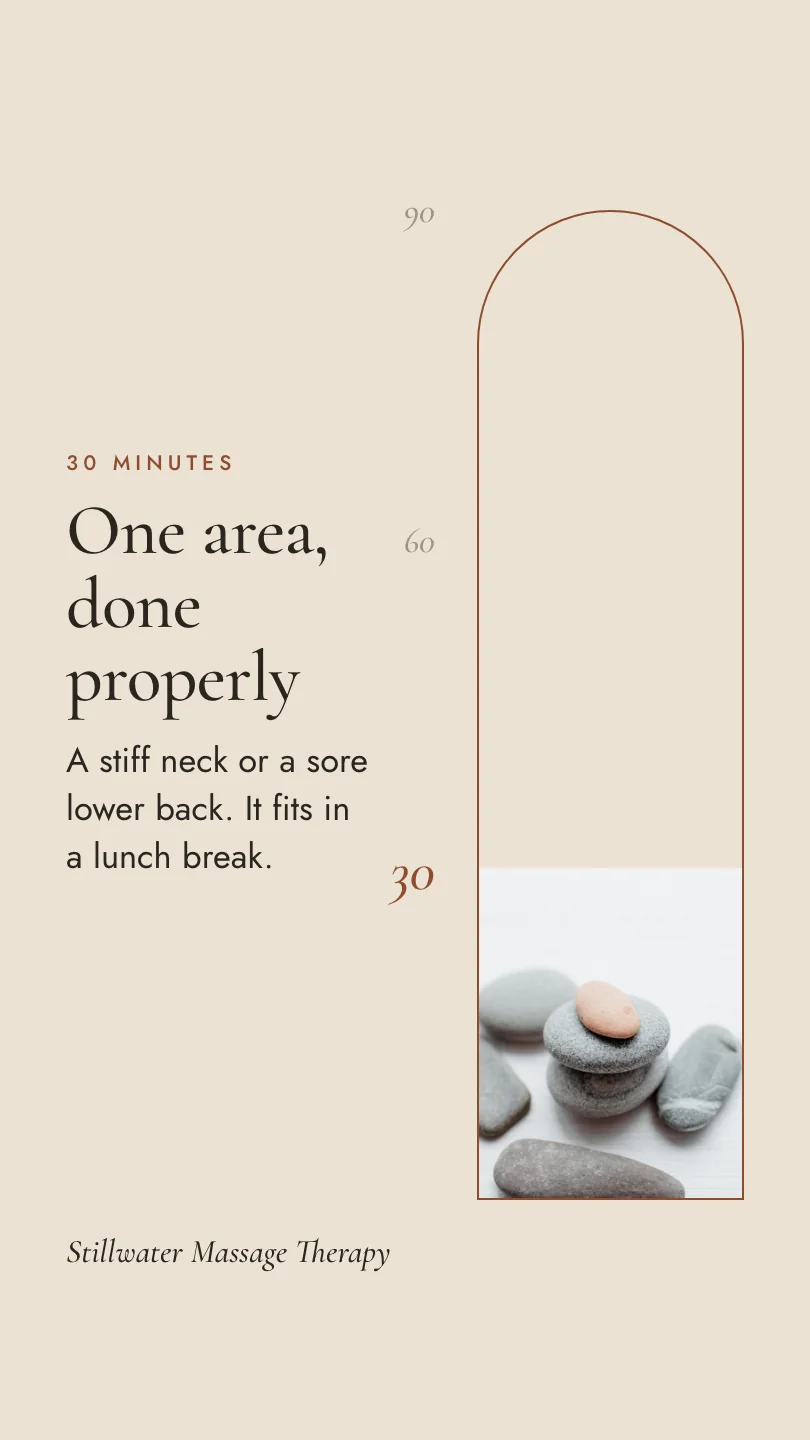 Exemple de reel, scène 2 sur 4, pour Stillwater Massage Therapy : 30 minutes: One area, done properly