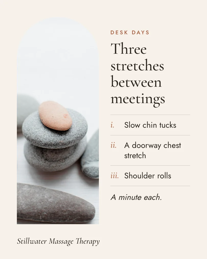 Exemple de publication pour Stillwater Massage Therapy : Three stretches between meetings