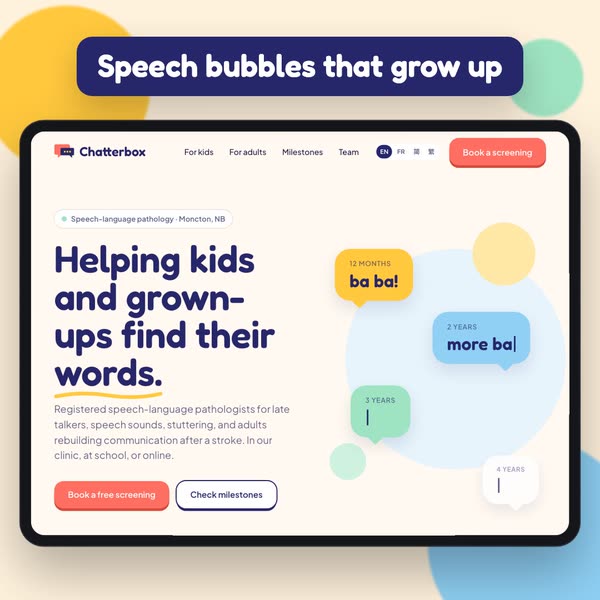Tablet screen recording of the Chatterbox Speech Therapy demo site