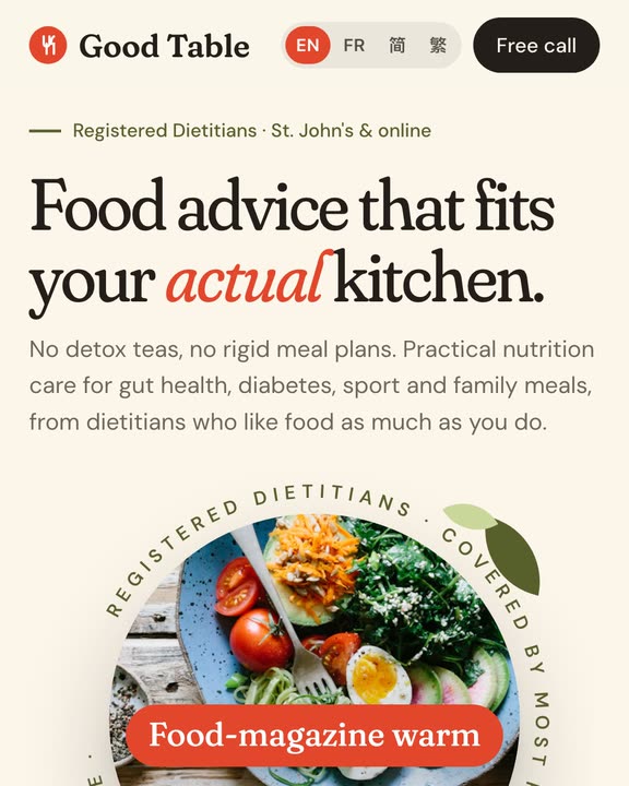 Phone screen recording of the Good Table Nutrition demo site
