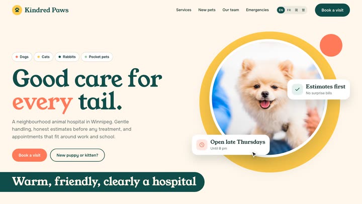 Screen recording of the Kindred Paws veterinary demo site