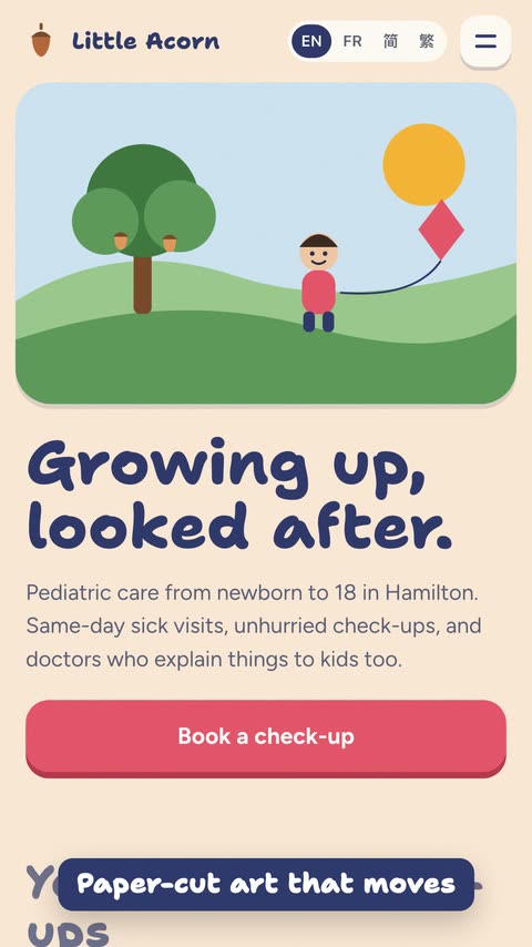 Phone screen recording of the Little Acorn pediatrics demo site
