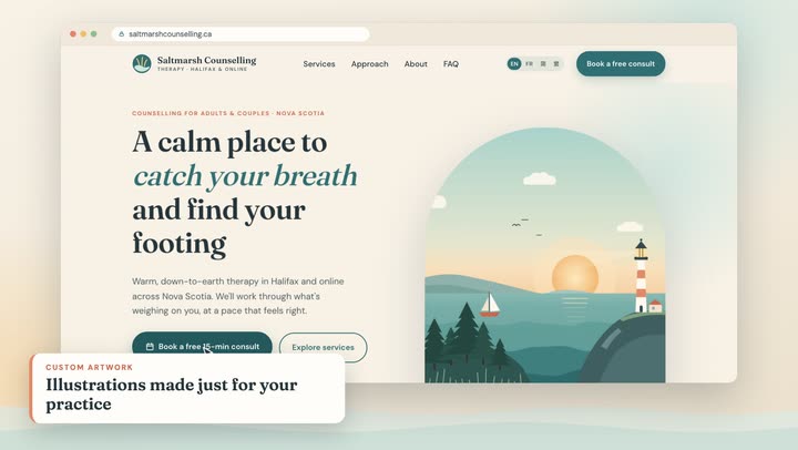 Screen recording of the Saltmarsh Counselling demo site